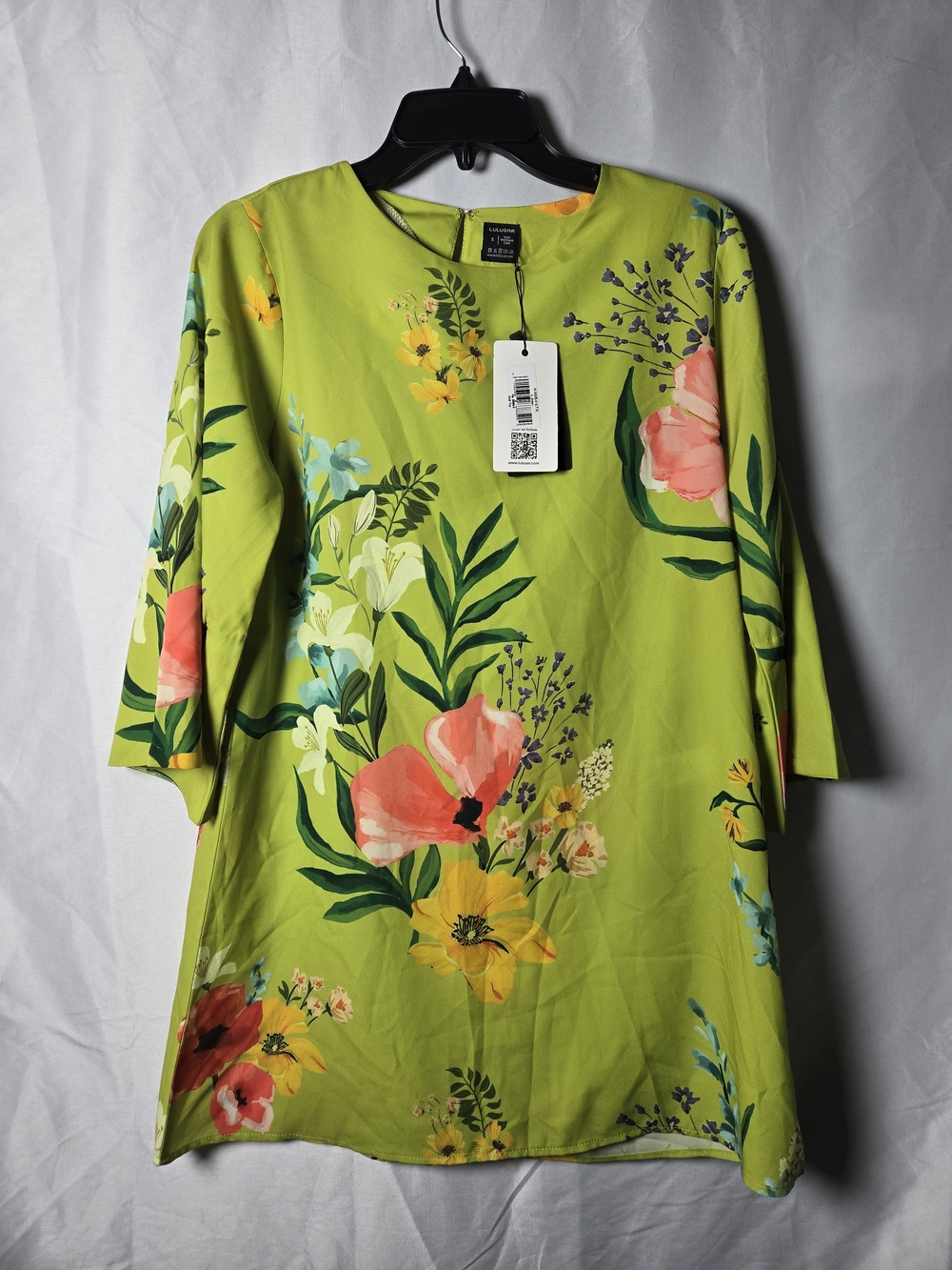 Bright Lime Green Floral Mini Dress with Pink & Yellow Blooms